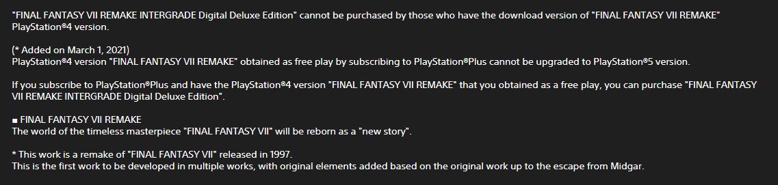 Final Fantasy VII Remake PlayStation Plus PS4 Version Cannot be Upgraded to  PS5 Version