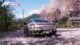A Porsche on a Japanese road covered in cherry blossom.